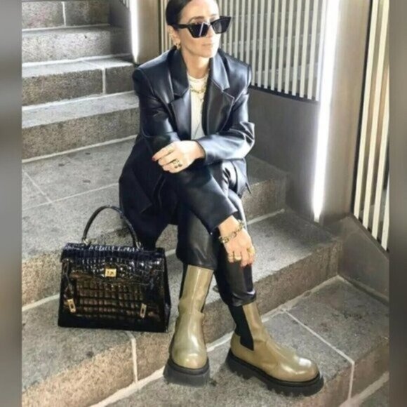 Zara Khaki Green Leather Track Sole‎ Aankle Boots Women Size US 6.5 (EU 37) - Picture 3 of 13